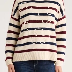 Parker Striped Sweater - Cream, Burgundy, and Navy, Size L